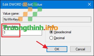 Thay đổi giá trị trong khung Value data từ 0 thành 1 rồi click chọn OK.