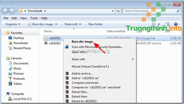 Kích chuột vào cd110511.iso, chọn Burn disc image để burn file vào đĩa CD