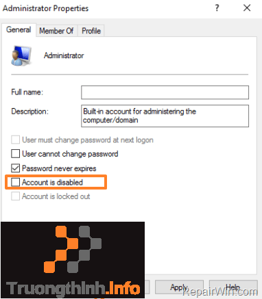 Bỏ tích mục Account is disabled