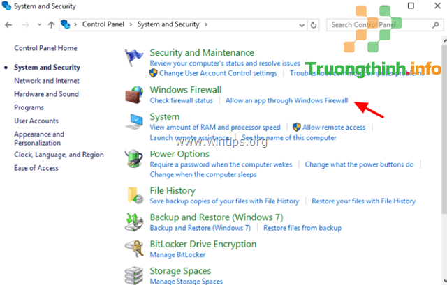 Chọn Allow an app through Windows Firewall