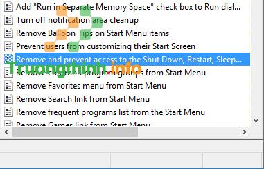 chọn Remove and prevent access to the Shut down, Restart, Sleep, and Hibernate commands