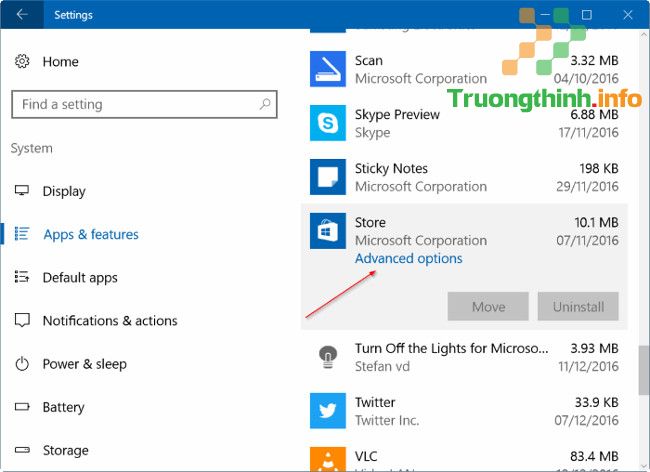 Click chọn ứng dụng Store để xem link Advanced options.