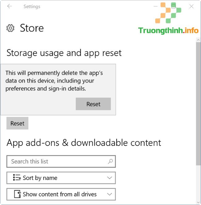 Sau đó click chọn nút Reset một lần nữa để reset ứng dụng Windows Strore.