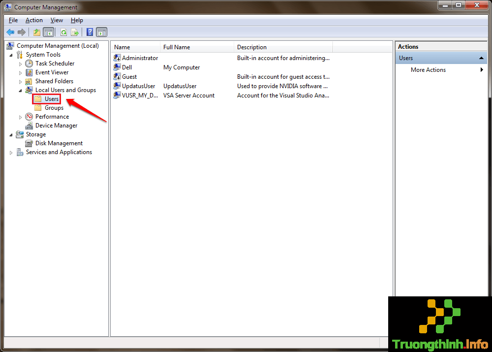 mở rộng mục Local Users and Groups ở khung bên trái và click chọn Users