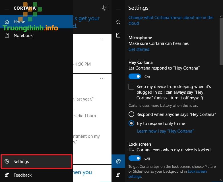 truy cập thiết lập Cortana