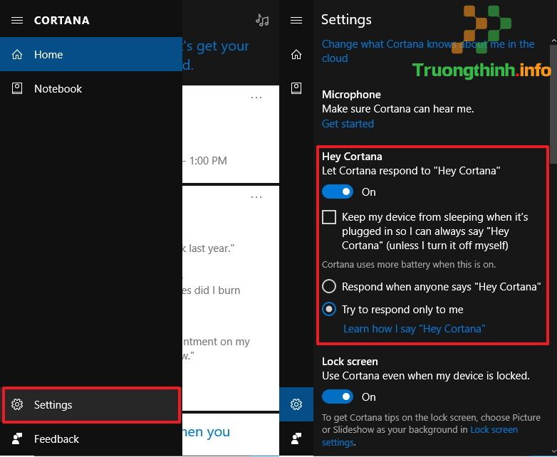 Chuyển trạng thái tùy chọn Hey Cortana sang ON