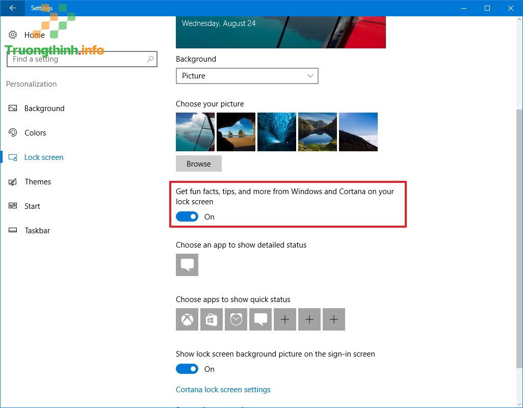 chọn Get fun facts, tips, and more from Windows and Cortana on your lock screen