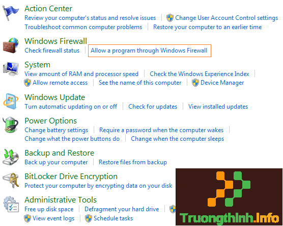 chọn Allow a program through Windows Firewall