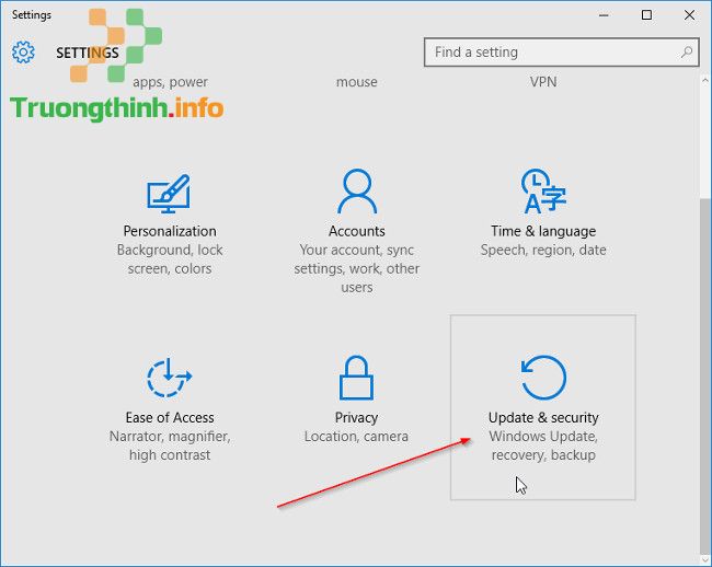 Trên cửa sổ Settings, tìm và click chọn Update and security 