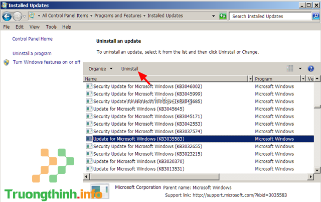 Chọn KB3057839 Update rồi click chọn Uninstall