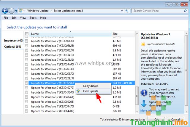 Kích chuột phải vào Update KB3057839 rồi chọn Hide update
