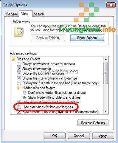 Tại tab View bỏ chọn Hide extensions for known file types rồi click chọn OK.