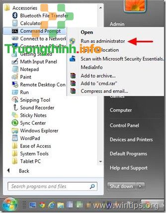 Mở Command Prompt dưới quyền Admin bằng cách