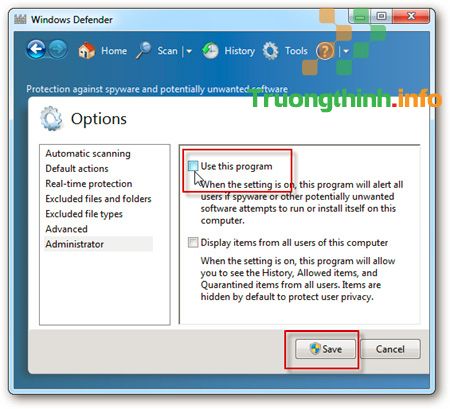 Bỏ dấu check ô Use this program 