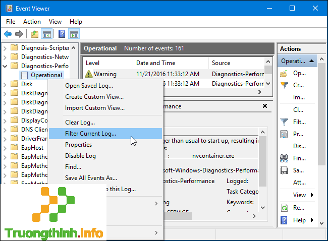 Kích chuột phải vào Operational và chọn Filter Current Log.
