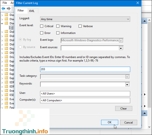 Trên cửa sổ Filter Current Log, nhập 203 vào khung Event IDs rồi click chọn OK. Điều này sẽ lọc các log và chỉ hiển thị shutdown