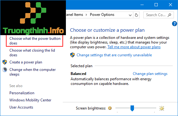 Chọn link “Choose what the power button does”