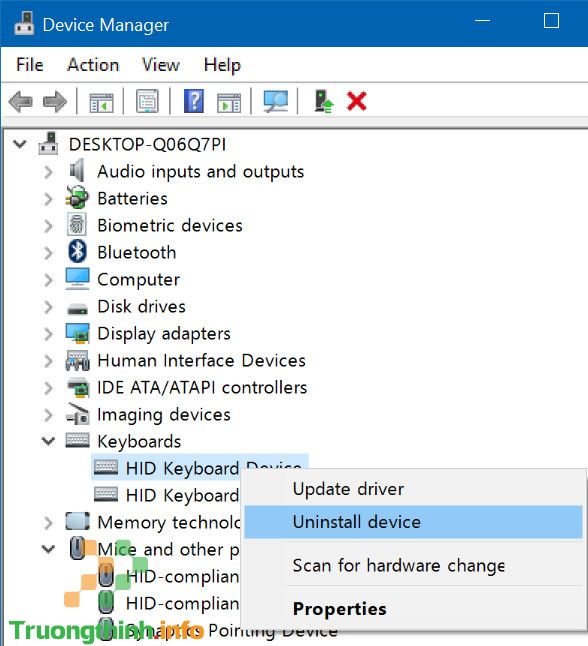 Kích chuột phải vào mục keyboard, sau đó click chọn Uninstall device