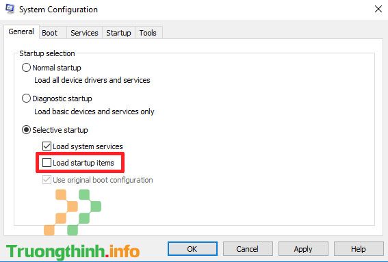 Bỏ tích mục Load startup items