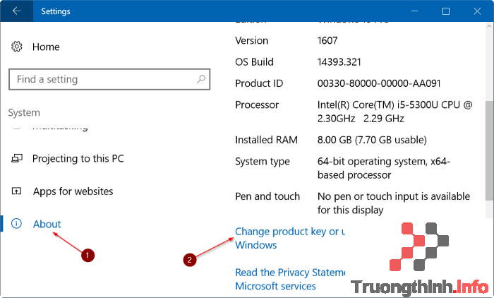 Click chọn link Change product key or upgrade your edition of Windows 