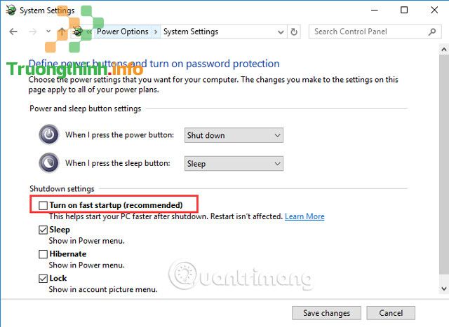 Bỏ chọn Turn on fast startup