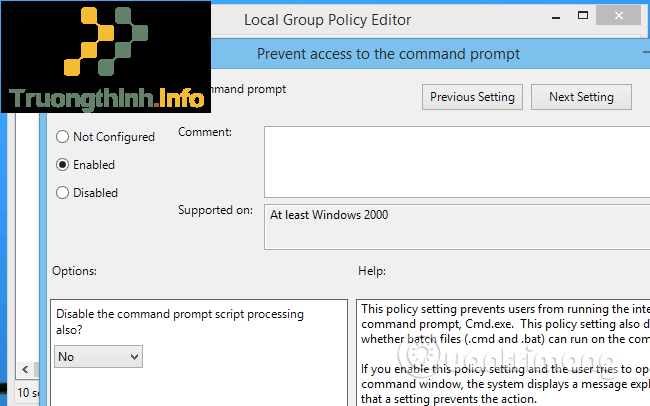 Cửa sổ cài đặt Prevent access to the command prompt