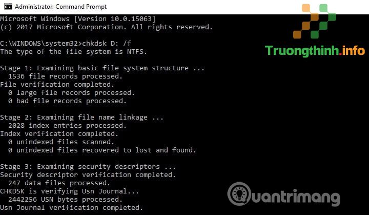 Chạy lệnh chkdsk C: /f 