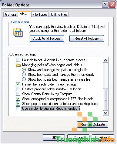 Bỏ tích mục Use simple file sharing (Recommended)