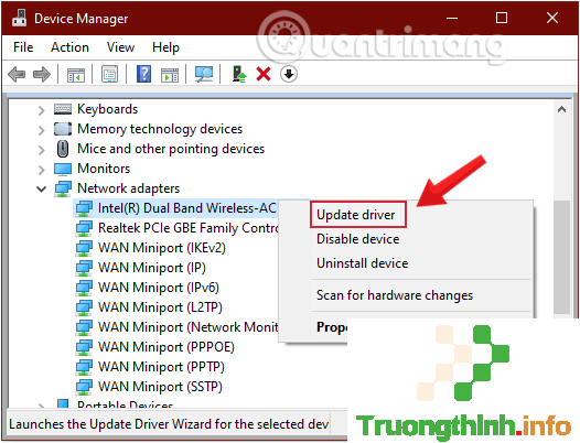 Kích chuột phải vào adapter mà bạn sử dụng, chọn tùy chọn Update driver