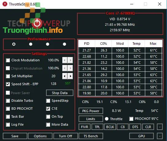 Màn hình chính của Throttlestop 