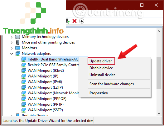 Kích chuột phải vào adapter mà bạn sử dụng, chọn tùy chọn Update driver