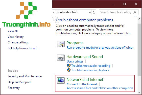 Chọn Network and Internet từ giao diện cửa sổ Troubleshooting 
