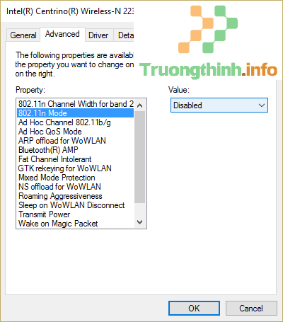 Trên tab Advanced, chọn 802.11n Mode và chọn Disabled.