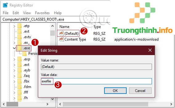 Thay đổi giá trị trong khung Value Data của Default thành exefile