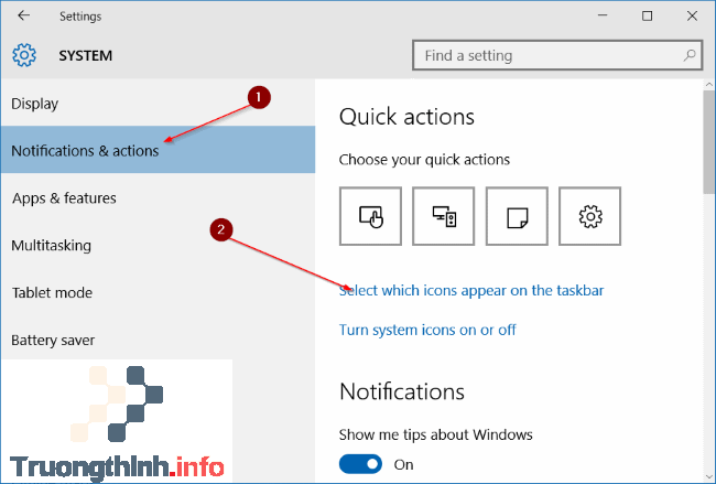 chọn link Select Which icons appear on the taskbar