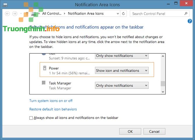 Thiết lập lại Power là Show icon and notifications
