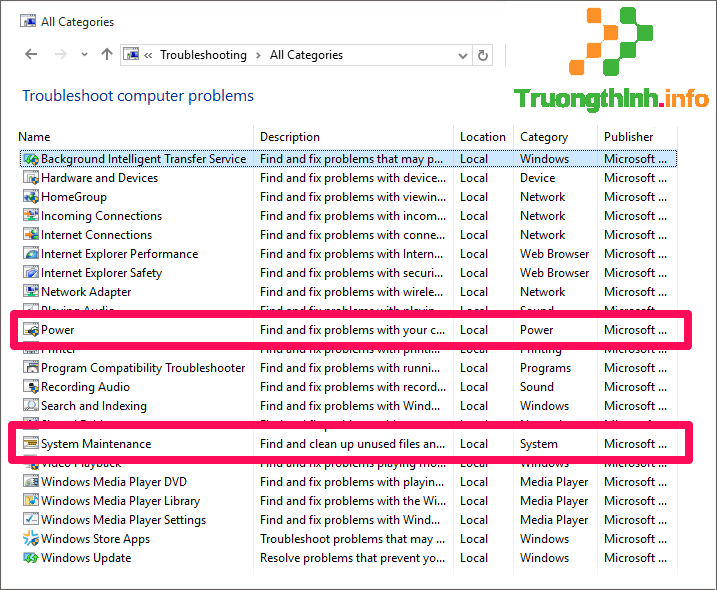 chạy troubleshooter của mục Power và System Maintenance