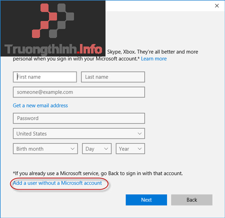 Nhấp vào Add a user without a Microsoft account