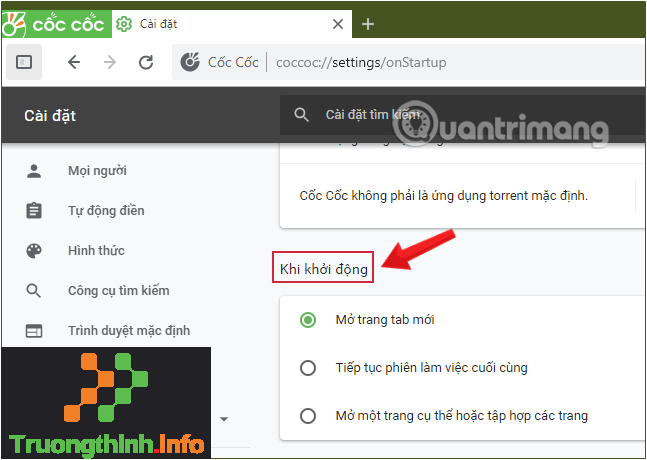 Tìm mục Khi khởi động trong cài đặt Cốc Cốc