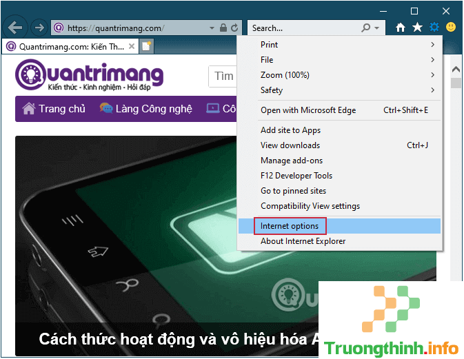 Mở Internet Options trong Internet Explorer