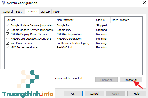 Click chọn nút Disable All để vô hiệu hóa tất cả các service (dịch vụ) không phải Microsoft