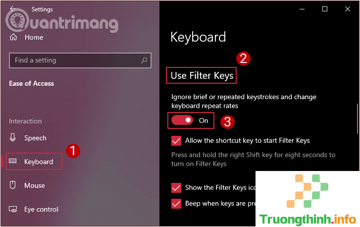 Bật ON ở mục Ignore or slow down brief or repeated keystrokes and adjust keyboard repeat rates trong Use Filter Keys