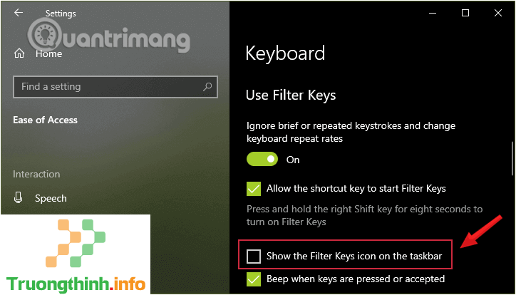 Bỏ tích trước tùy chọn Show the Filter Keys icon on the taskbar