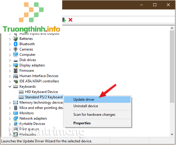Kích chuột phải vào Keyboard mà bạn sử dụng, chọn tùy chọn Update Driver