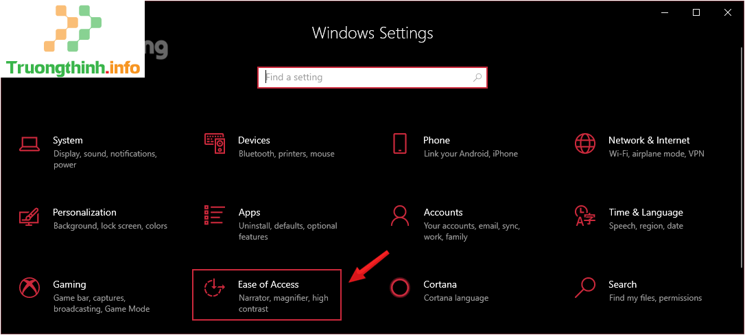 Nhấn chọn Ease of Access trong Windows Settings