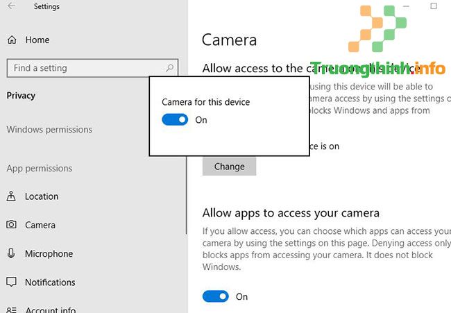 Đặt Camera access for this device thành On