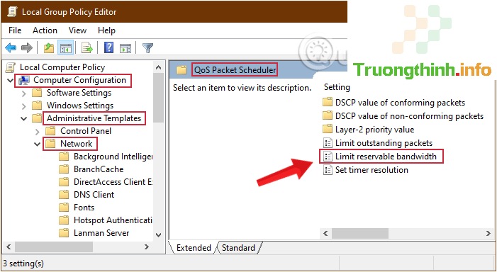 Tìm tùy chọn Limit Reservable Bandwidth trong QOS Packet Scheduler