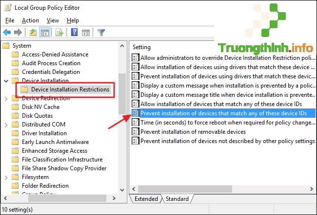 tìm mục Prevent installation of devices that match any of these devices IDs