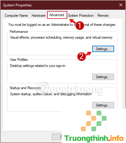 Tại thẻ Advanced, bạn click chọn Settings trong mục Performance 