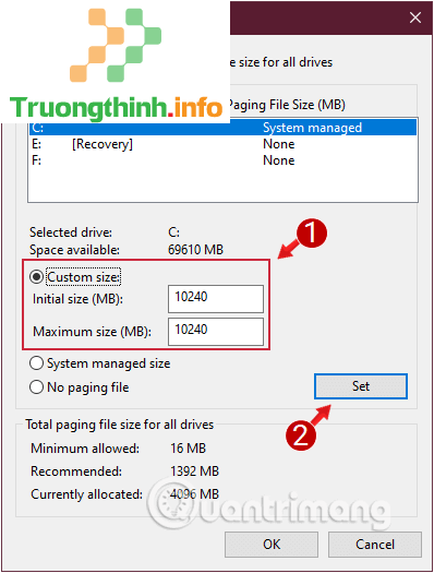 Thiết lập giá trị Initial size và Maximum size gấp 2 hoặc 2,5 lần kích thước RAM